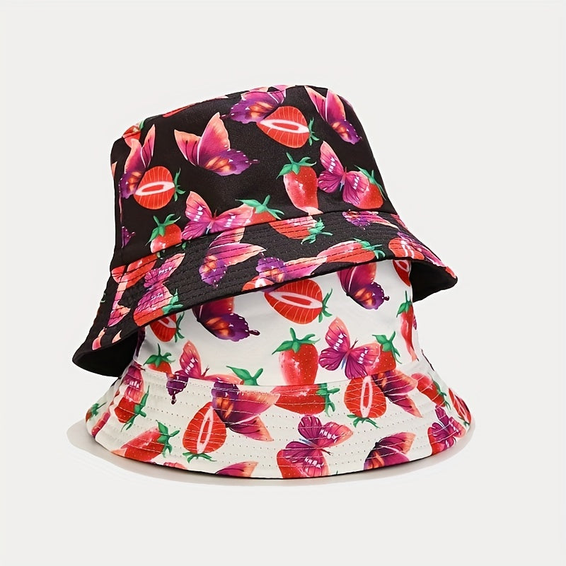 Strawberry Butterfly Print Bucket Hat Reversible Cartoon Fisherman Cap