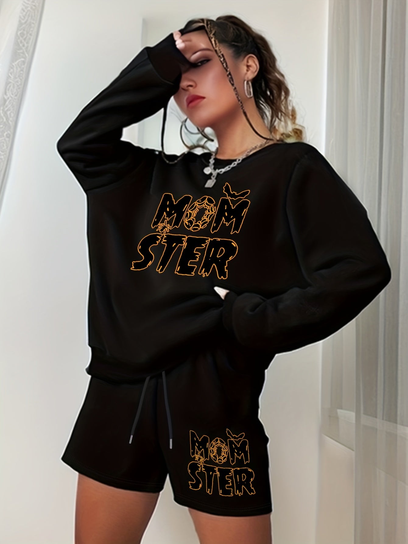 Halloween 2pcs Set Graphic Sweatshirt & Shorts Outfit