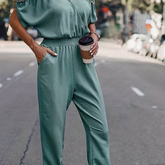 Shirred Waist Cold Shoulder Jumpsuit Casual V neck Jumpsuit Spring & Summer