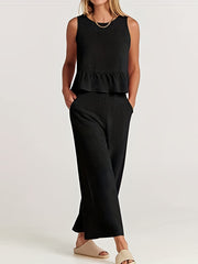 Solid Casual Two piece Set Crew Neck Buttons Tank Top & Wide Leg Pants