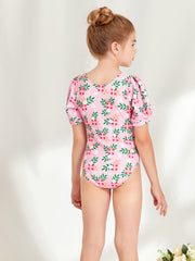 Girls Short Puff Sleeve Flowers Swimsuit Kids Beach Clothes Bathing Suits