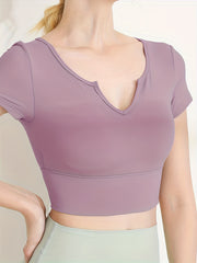 V Neck Crop Yoga Top Short Sleeves Quick Dry Sporty Tee Women's Activewear