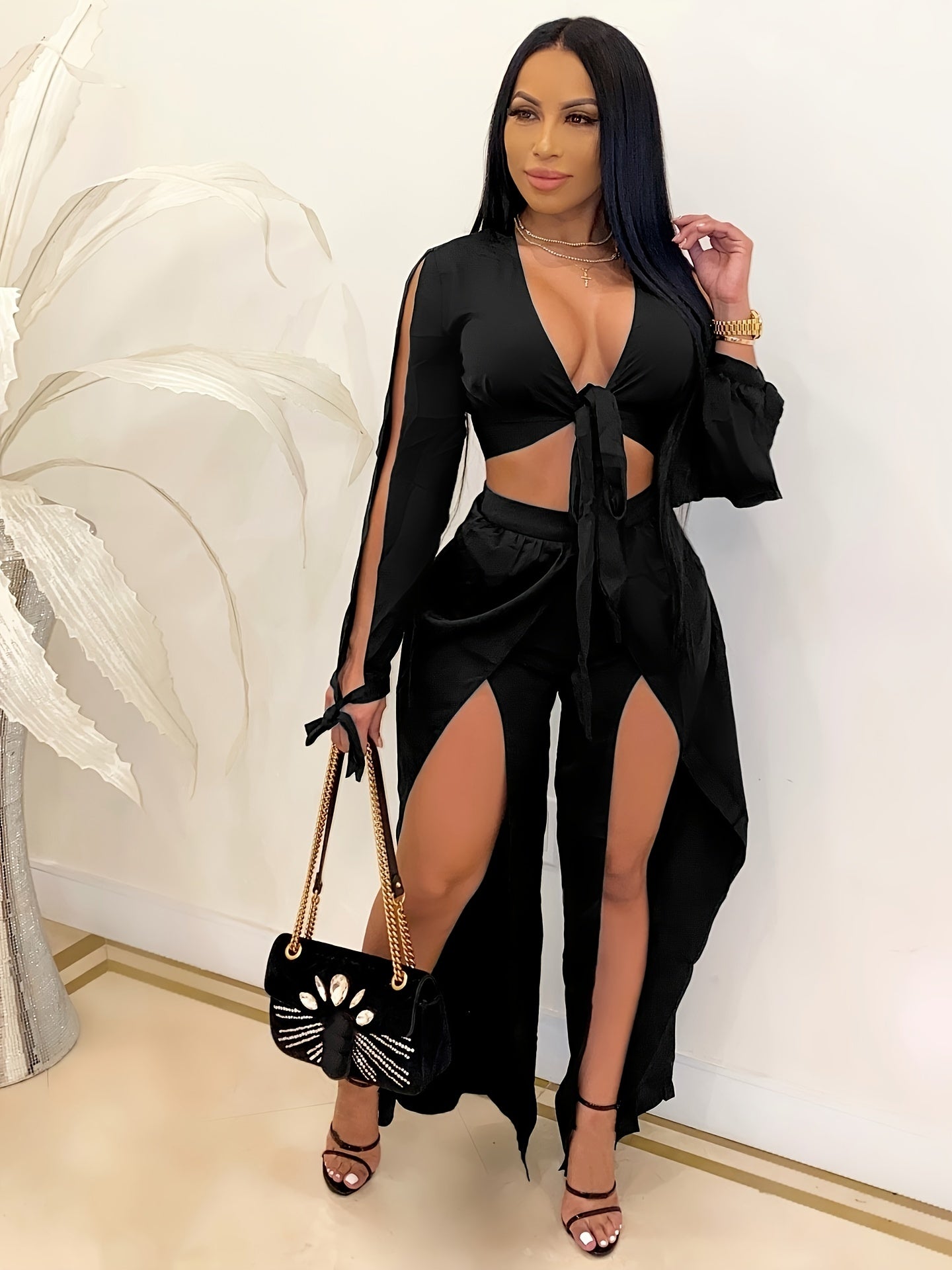 Women's Solid Two piece Set Deep V Neck Long Sleeve Crop Top & Split Pants