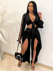 Women's Solid Two piece Set Deep V Neck Long Sleeve Crop Top & Split Pants