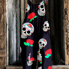 Rose & Skull Print Square Neck Jumpsuit