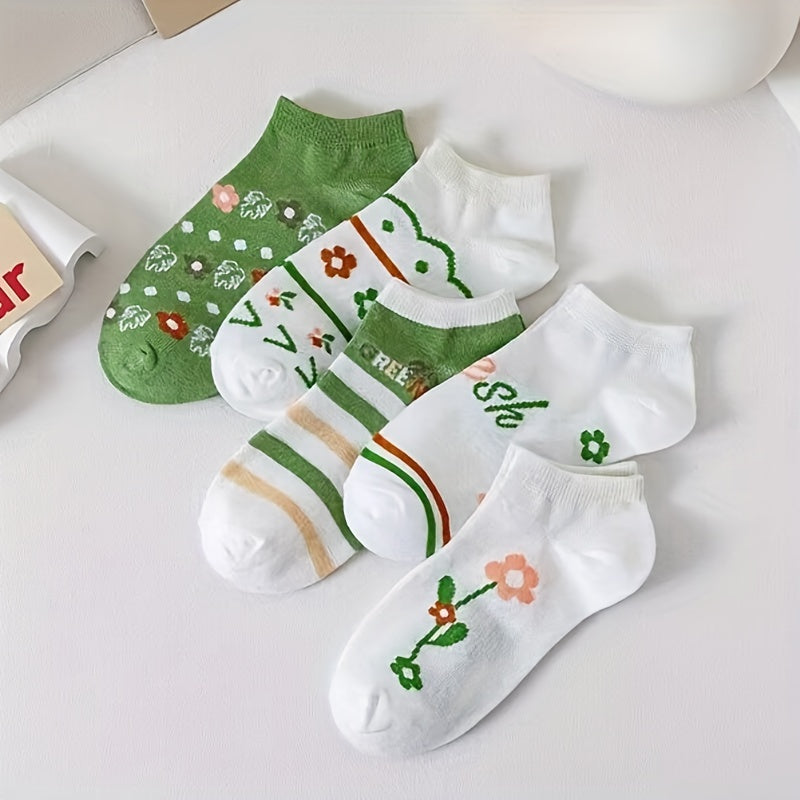 5 Pairs Women's Floral Print Low Cut Ankle Socks Stockings Lightweight Hosiery