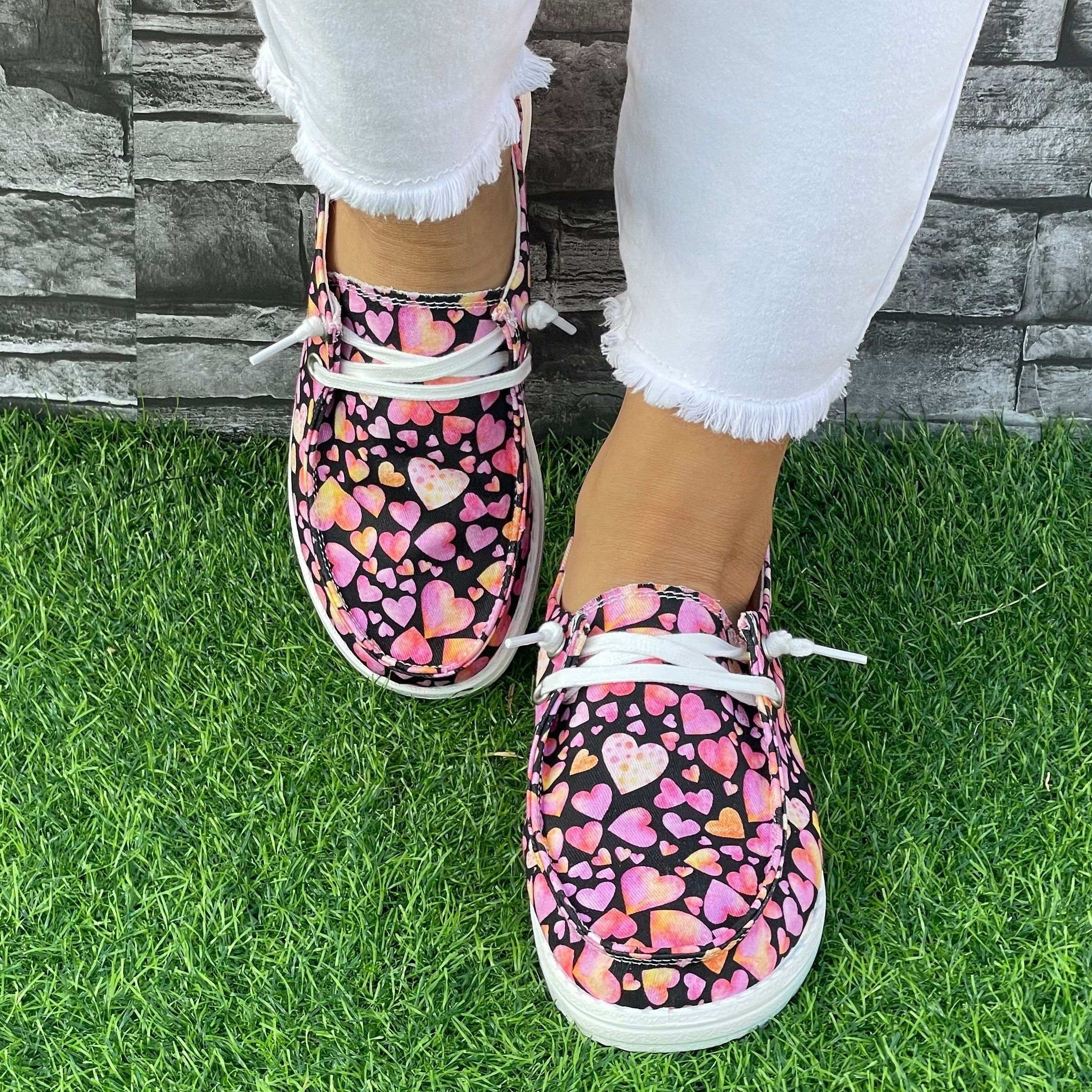 Pink Purple Love Heart Pattern Flat Shoes Women's Casual Lightweight