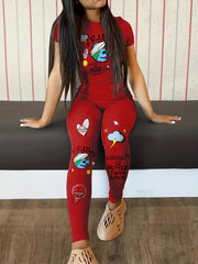 Graffiti Print Two Piece Set Short Sleeve Tops & High Waist Long Pants