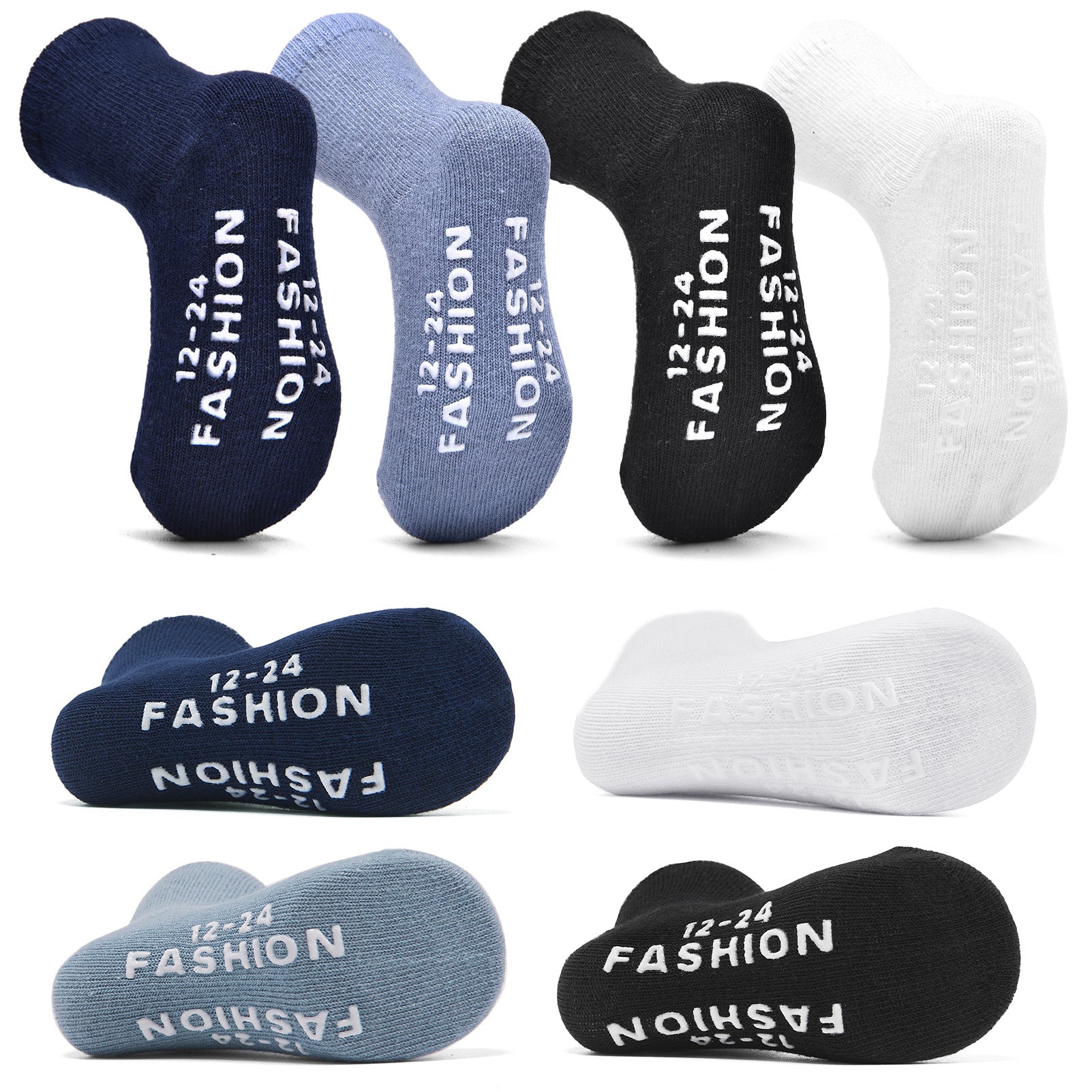 8 Pairs Baby Non Slip Toddler Socks Solid Crew Socks Boys Girls