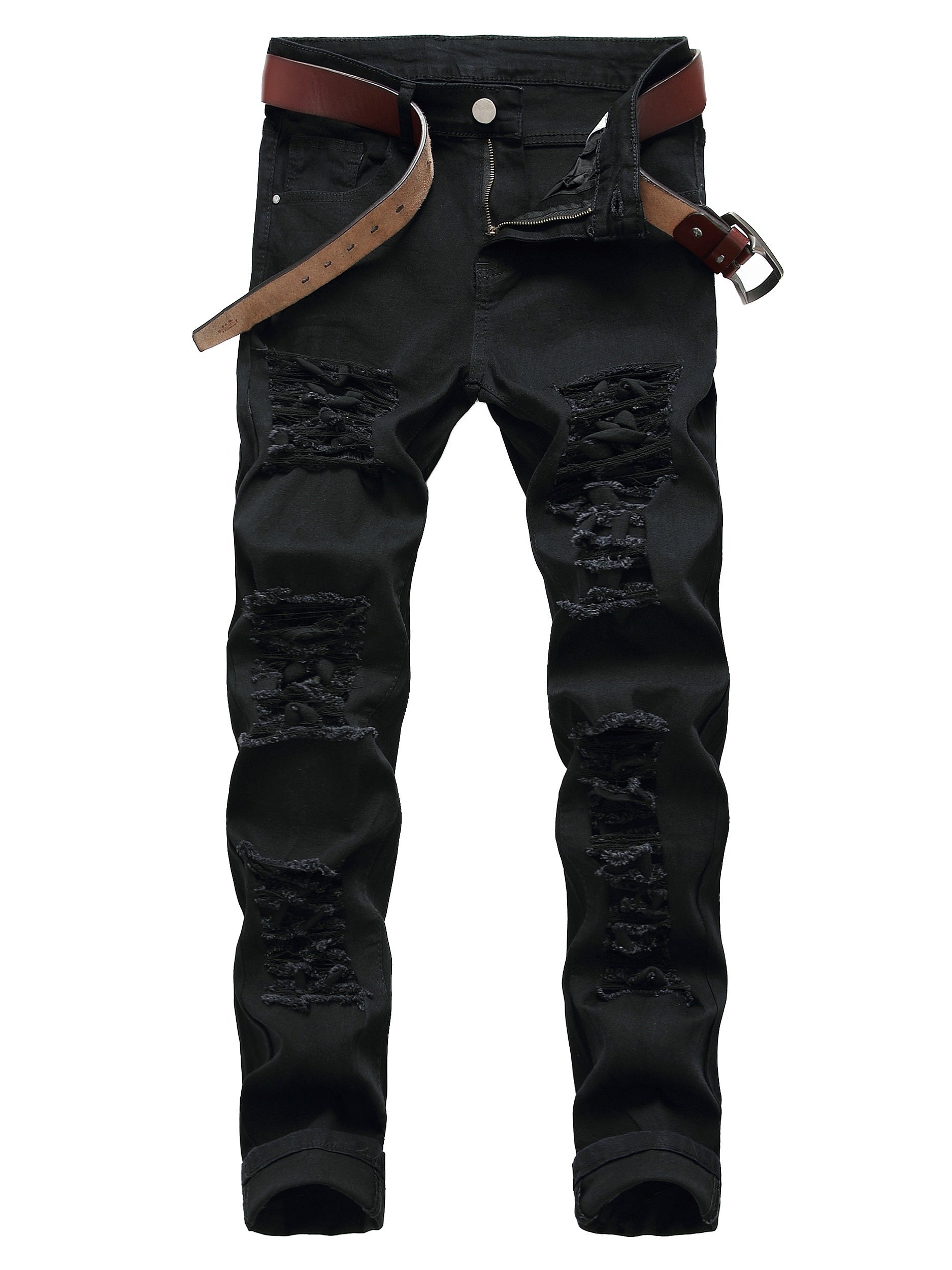 Mens Ripped Straight Denim Jeans Regular Wash With Pockets
