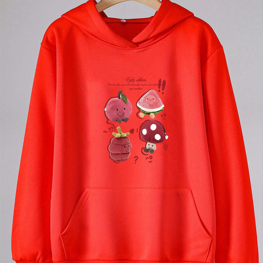 Cartoon Fruit Print Hoodies Girls Comfy Hooded Pullover Tops With Pocket