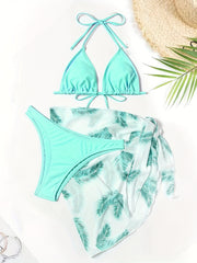 Halter Neck Bikini Set V Neck Backless High Cut Cover Up Bathing Suit