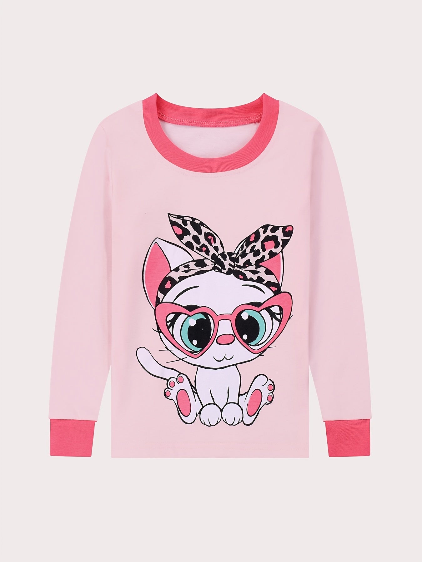 Cat Print Kids' Pajamas Set Long Sleeve Top & Leopard Pants Comfy Loungewear