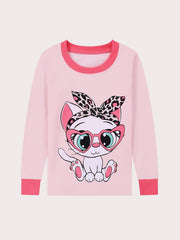 Cat Print Kids' Pajamas Set Long Sleeve Top & Leopard Pants Comfy Loungewear