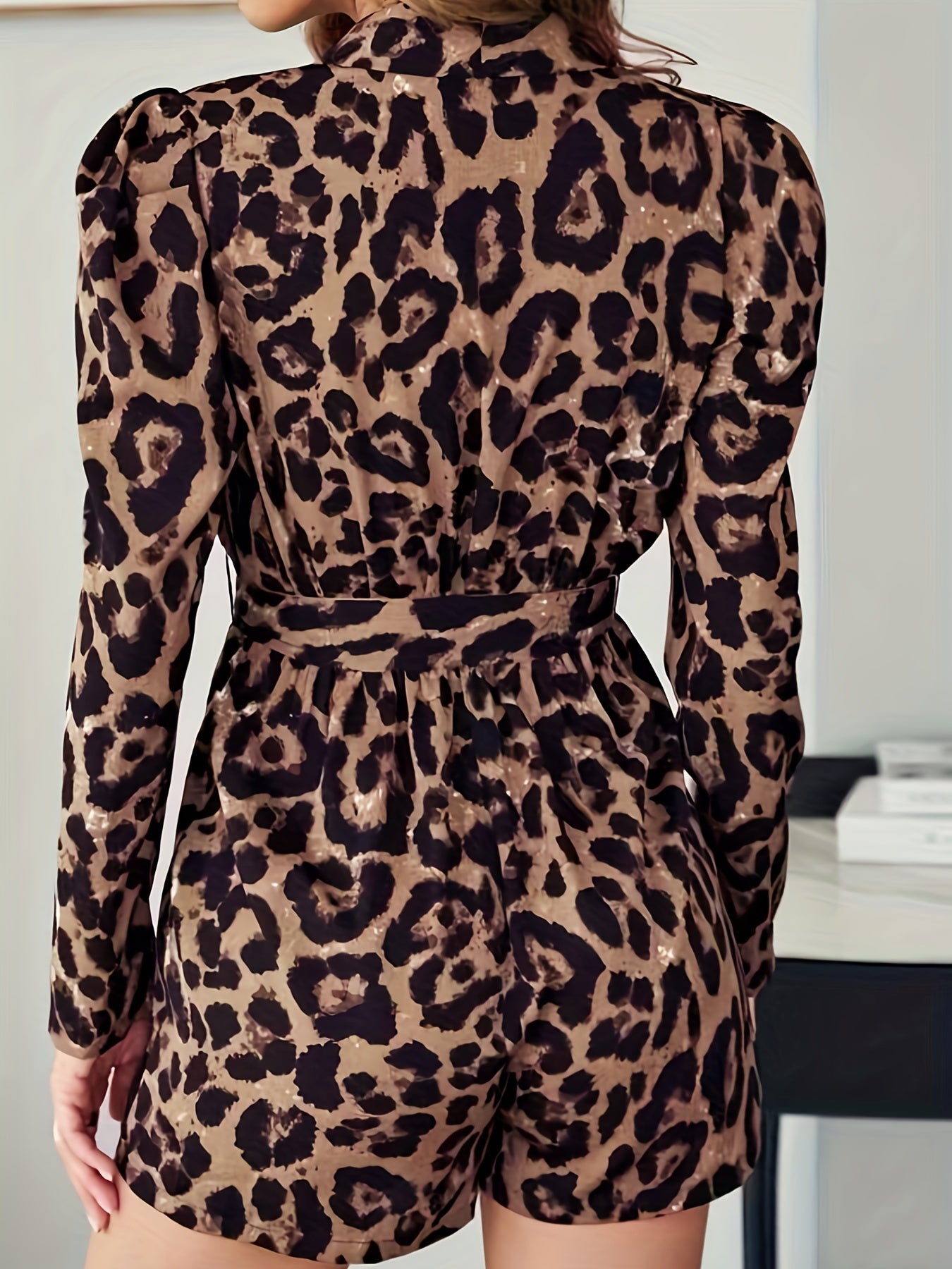 Leopard Print V Neck Romper Jumpsuit Sexy Belted Long Sleeve