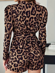 Leopard Print V Neck Romper Jumpsuit Sexy Belted Long Sleeve