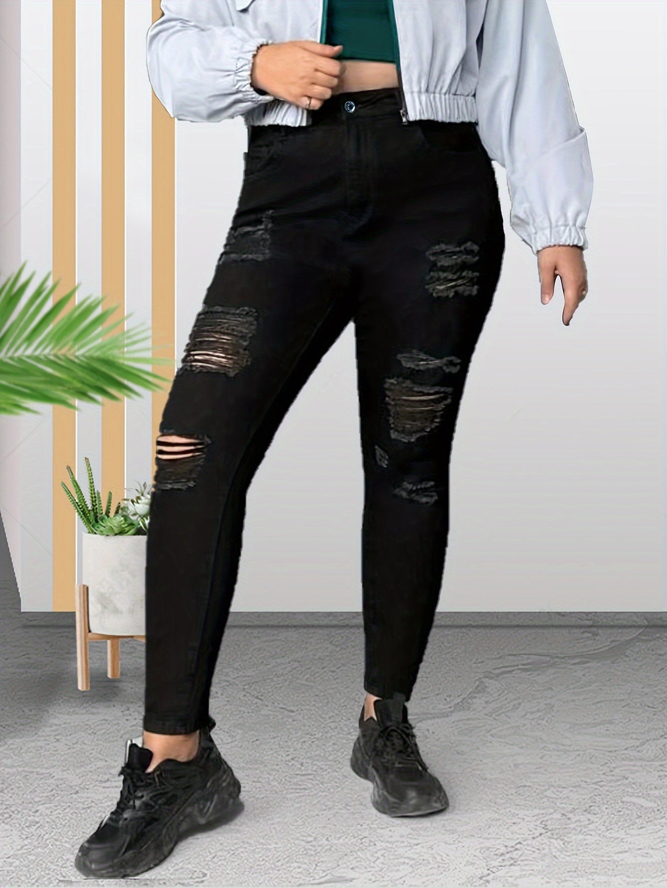 Solid Ripped High Rise Skinny Jeans