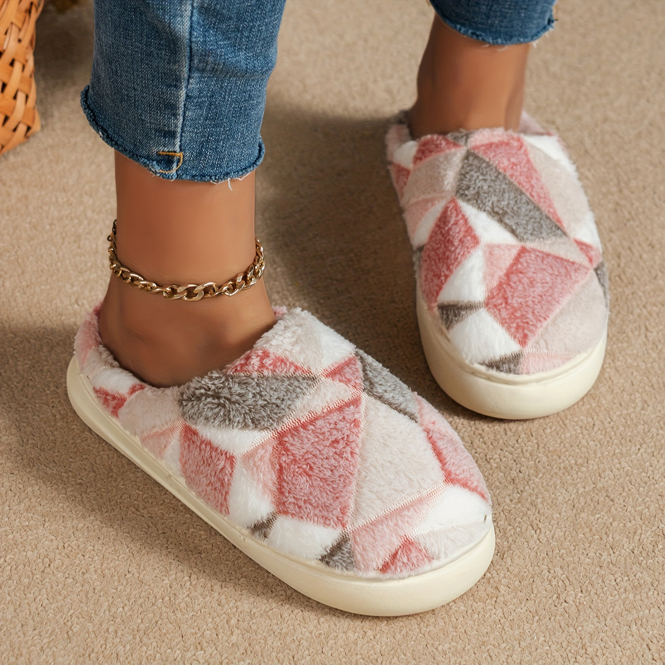 Women's Stone Pattern Slippers Casual Plush Lined Slip On Fuzzy Shoes