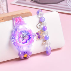 2pcs Girls' Butterfly Watch & Bracelet Set Pink Silicone Band Glow in the Dark