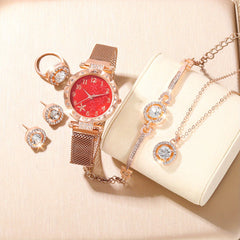 School Student Digital Rhinestone Quartz Wrist Watch & 5pcs Jewelry Set