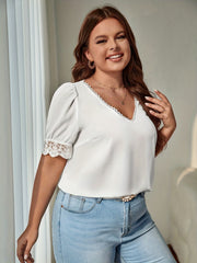 Plus Size Lace Trim Puff Sleeve V Neck Top
