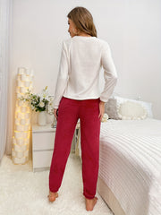 Heart Print Pajama Set Long Sleeve Top & Pants Women's Sleepwear