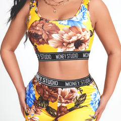 Floral Print Crop Tank Top & Biker Shorts Set Women's Clothing