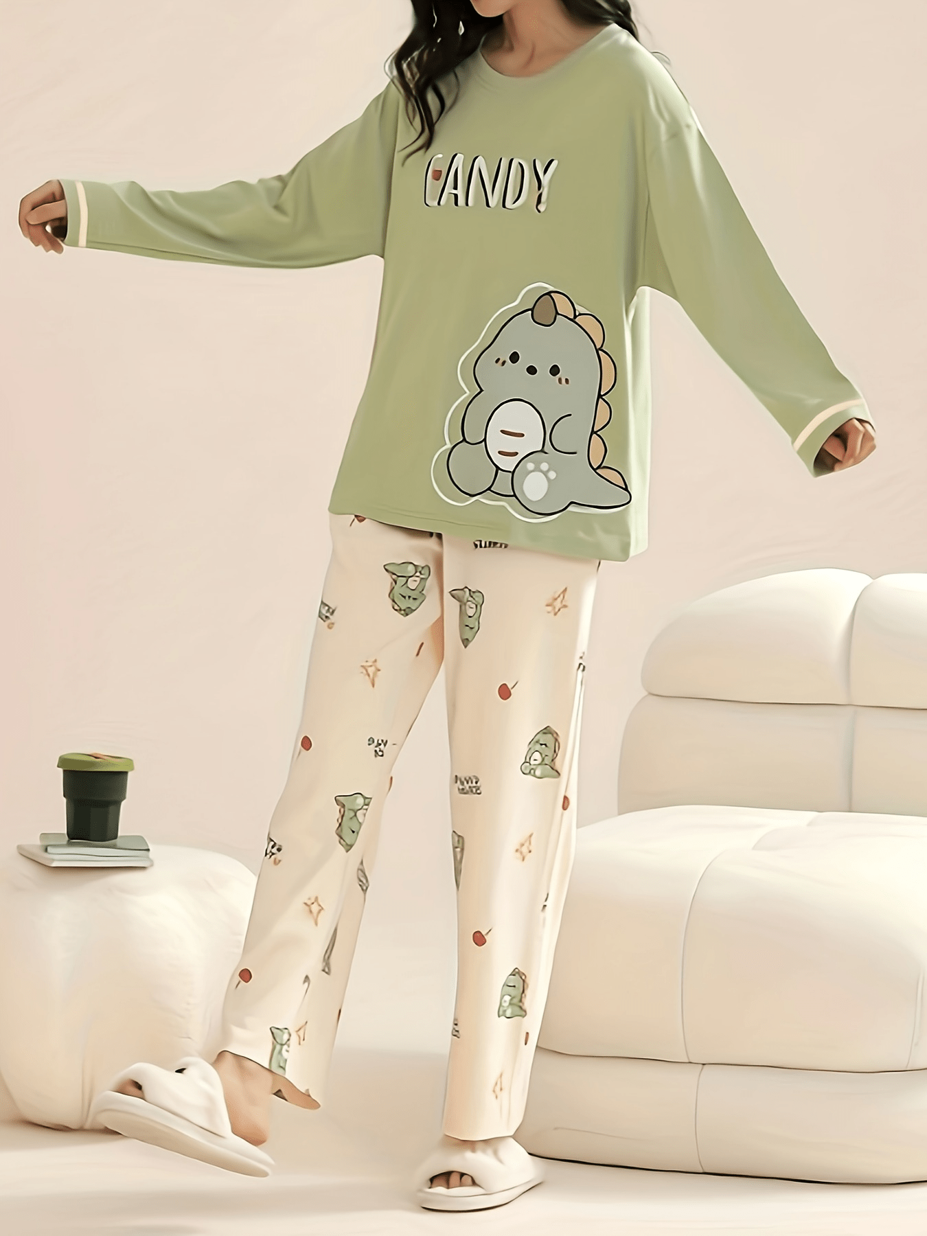 Dino Print Pajama Set Long Sleeve Top & Pants Women's Sleepwear