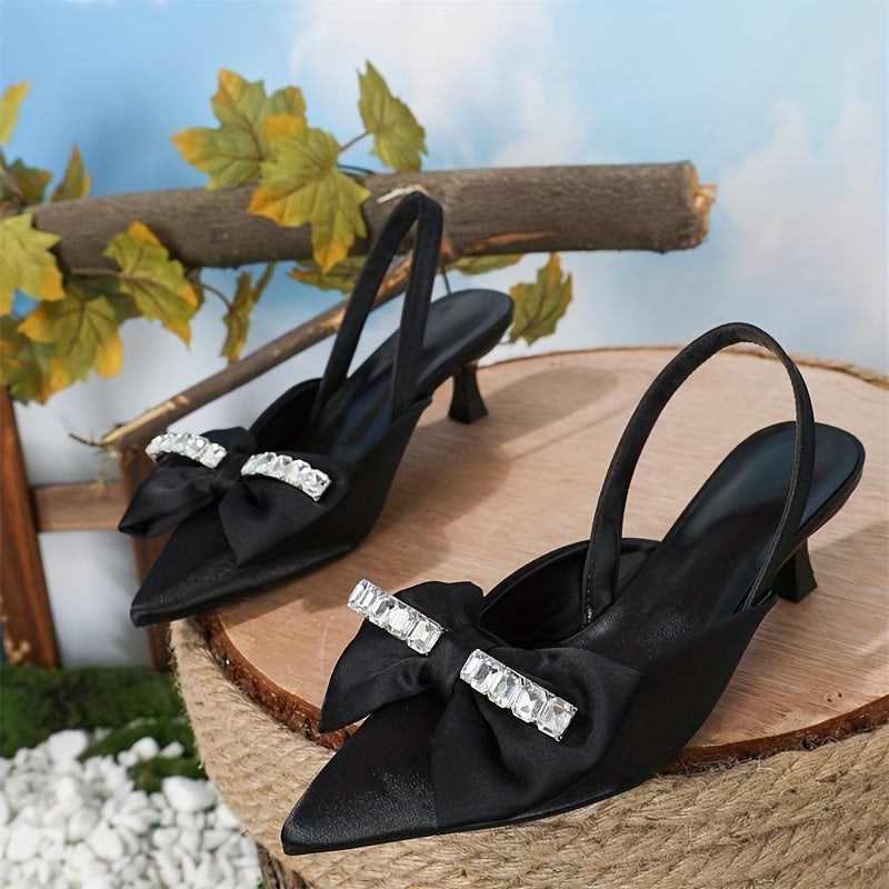 Rhinestone Bow-Knot Kitten Heel Slingback Sandals