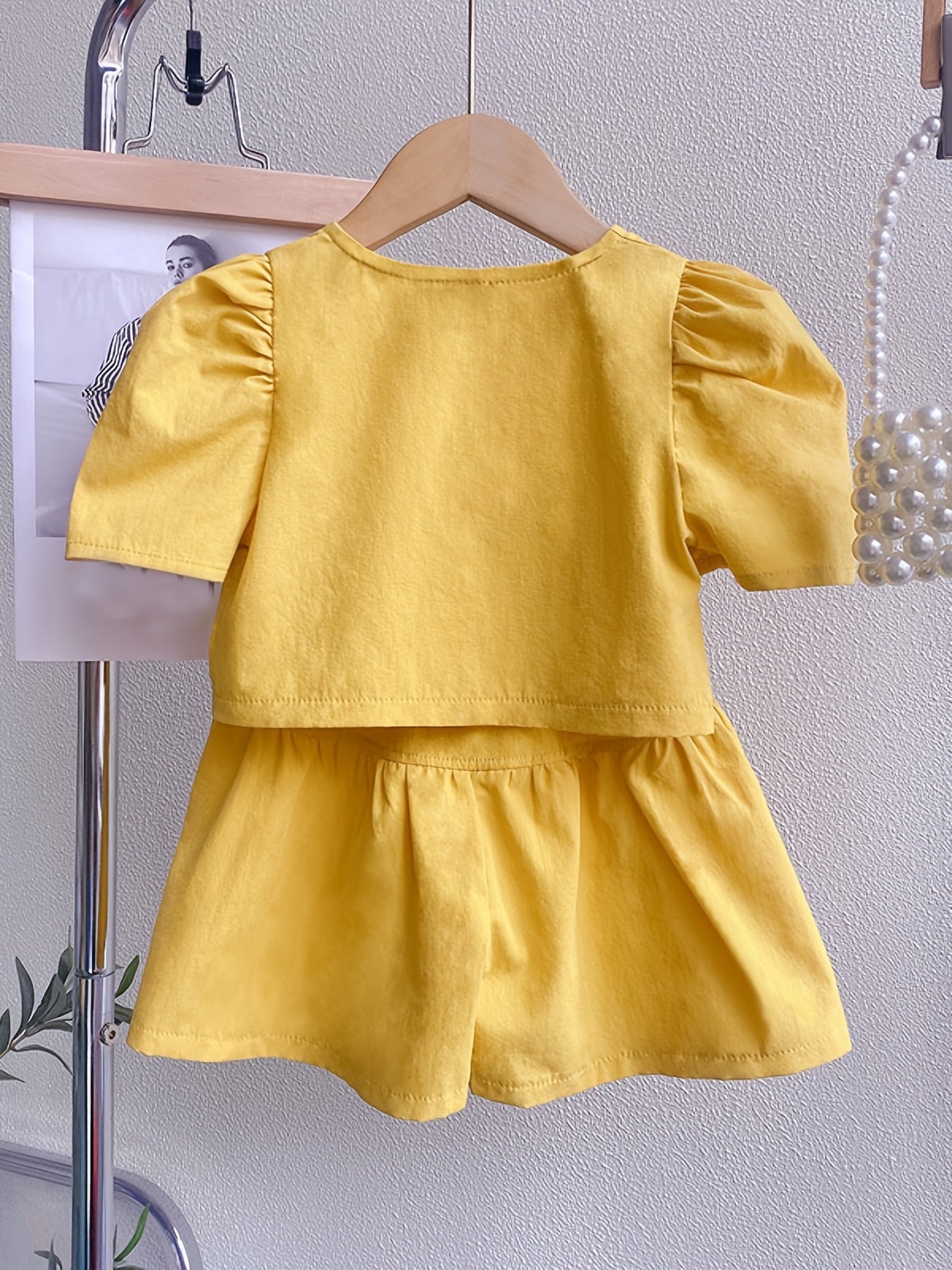Girls Puff Sleeve Button Top & Shorts Set