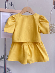 Girls Puff Sleeve Button Top & Shorts Set
