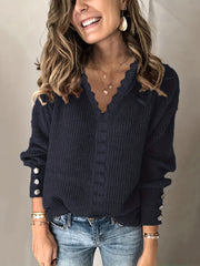 V-Neck Crochet Panel Sweater, Slight Stretch