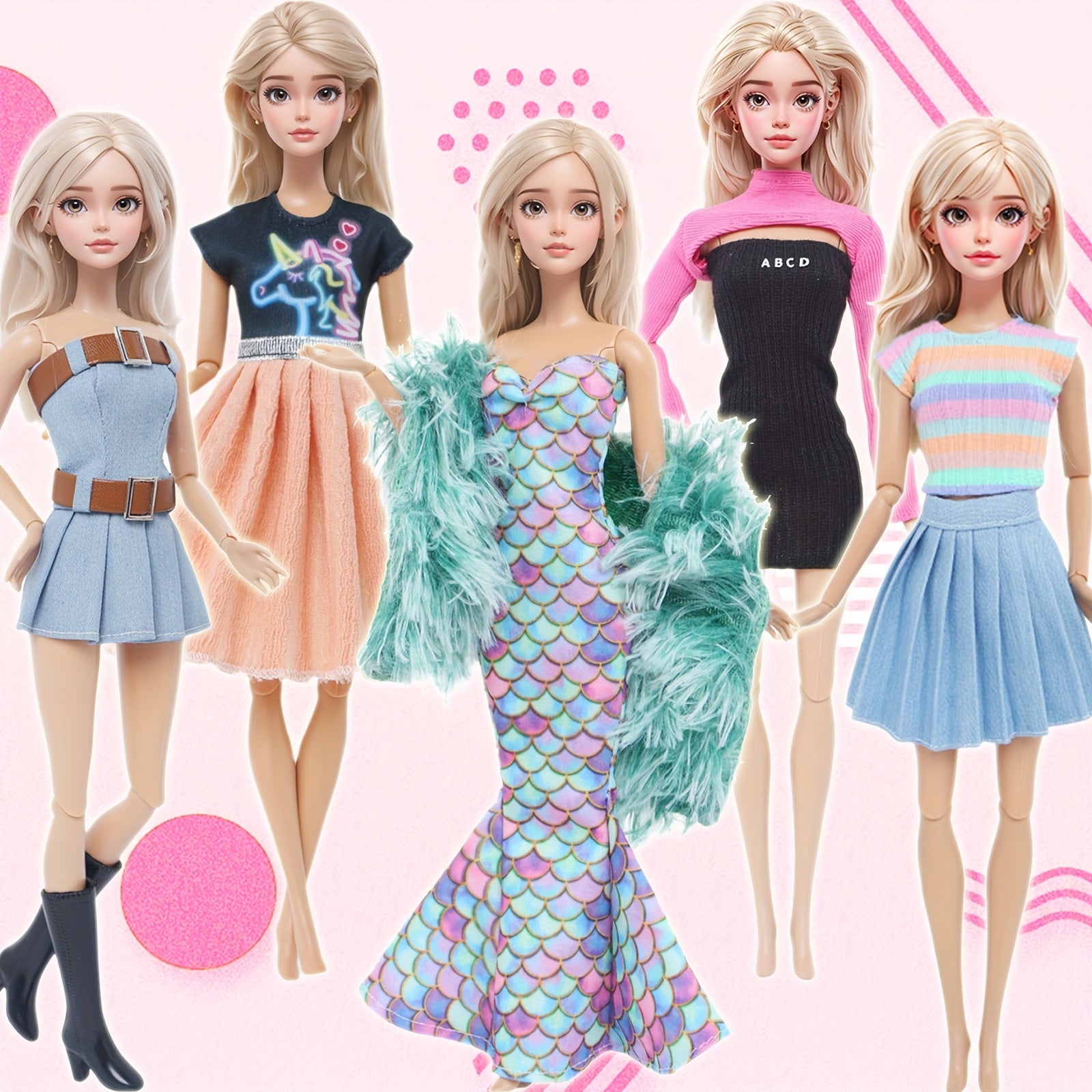 Doll Clothes Accessories Party Fishtail Dress Striped Tops Skirts