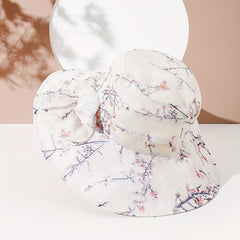 Plum Blossom Print Sun Hat Bow Decor Bucket Hat Wide Brim Travel Beach