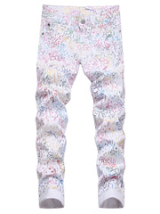 Boys Colorful Pattern Jeans Skinny Slim Fit Washed Denim Long Pants Kids