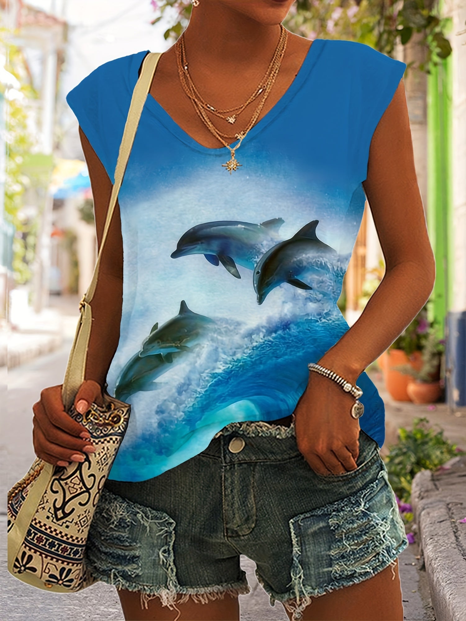 Dolphin Print V neck Tank Top for Women