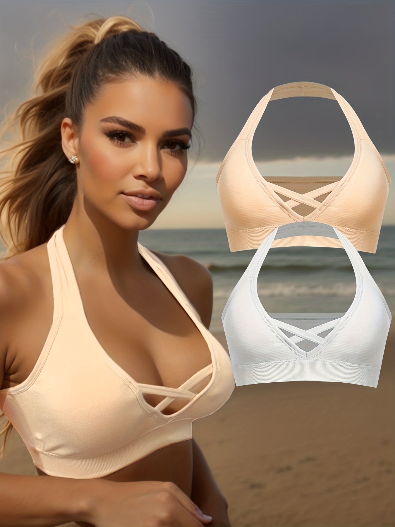 2pcs Wireless Halter Sports Bras Criss Cross Push Up Bra