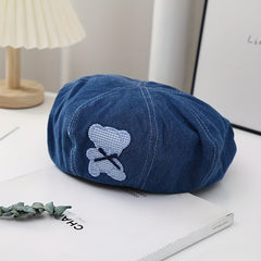 Vintage Denim Painter Cap with Cartoon Bear Patch Beret