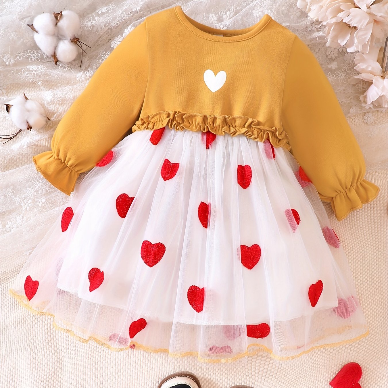 Sweet Heart Dress For Toddler Baby Girls Long Sleeve Mesh Tulle Stitching