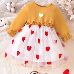 Sweet Heart Dress For Toddler Baby Girls Long Sleeve Mesh Tulle Stitching