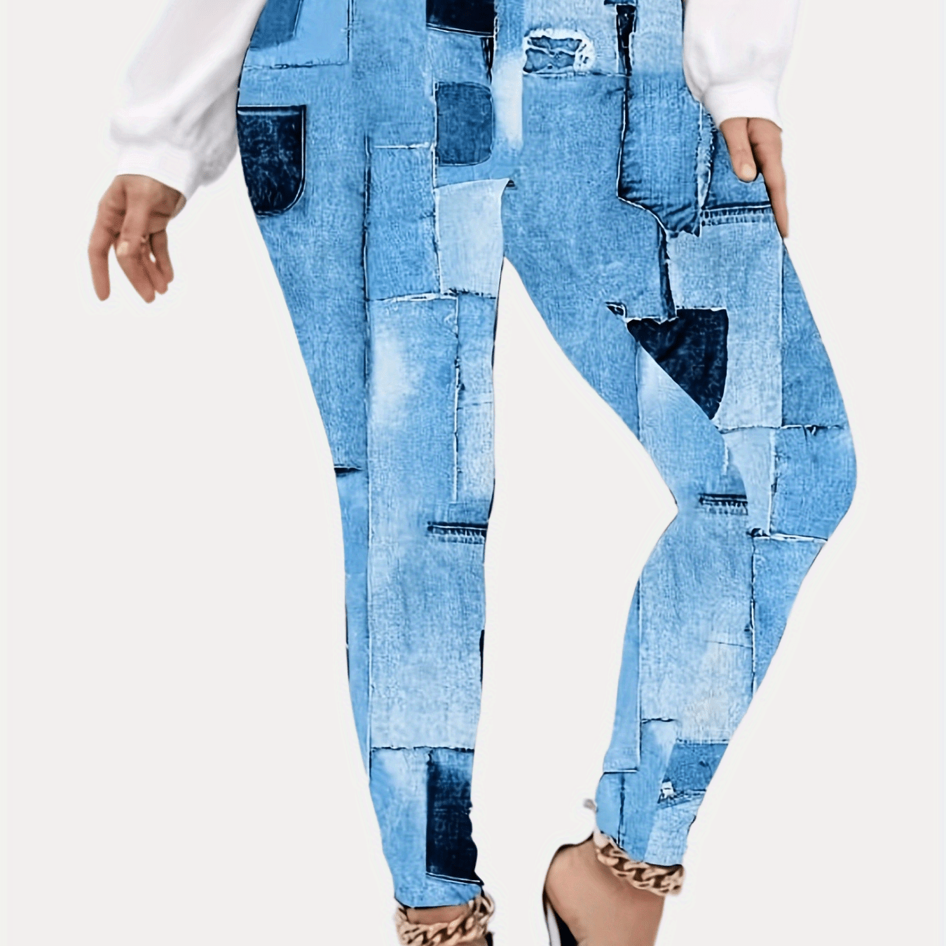 Patchwork Denim Print Plus Size High Rise Leggings