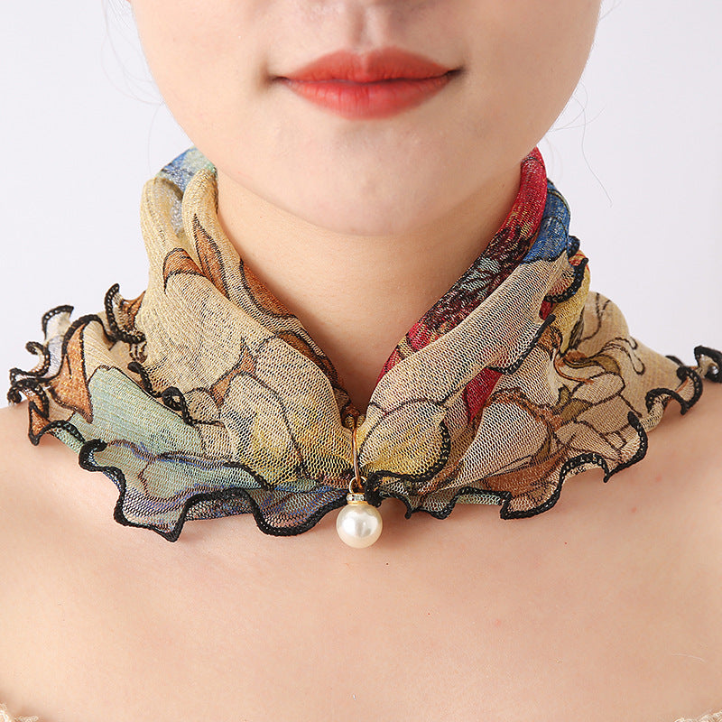 Mesh Scarf Colorful Print with Faux Pearl Pendant