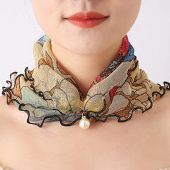 Mesh Scarf Colorful Print with Faux Pearl Pendant