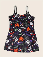 Gothic Nightdress Women's Plus Skull & Pumpkin Print Round N