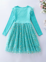 Girls' Sun & Moon Sequins Long Sleeve Princess Dress with Unicorn Embroidery