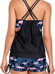 Flamingo Print Tankini Set Crisscross Back Cami Top & Shorts Swimsuit
