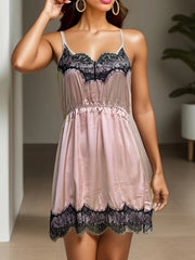Satin Nightdress Lace Trim Spaghetti Strap Sleep Dress