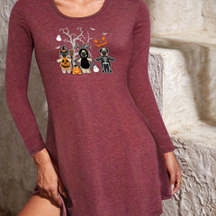 Cartoon Print NightDress Halloween Crew Neck Long Sleeve Pajama Dress Women's
