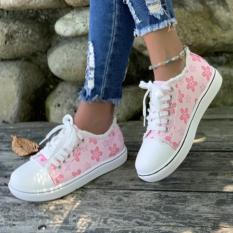 Women's Floral Print Canvas Sneakers Pink Low Top Flat Shoes