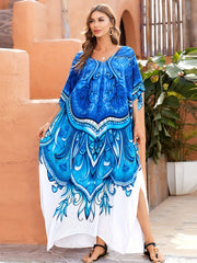 Boho Cover Up Dress Women's Plus Floral Print Bat Sleeve V Neck